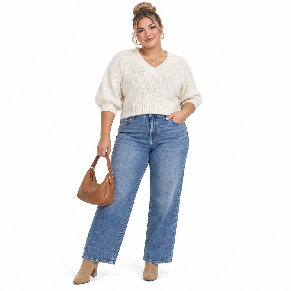 Old Navy Sweater Womens 2X White Cozy Cropped V Chalk Heather Wool Blend Knit